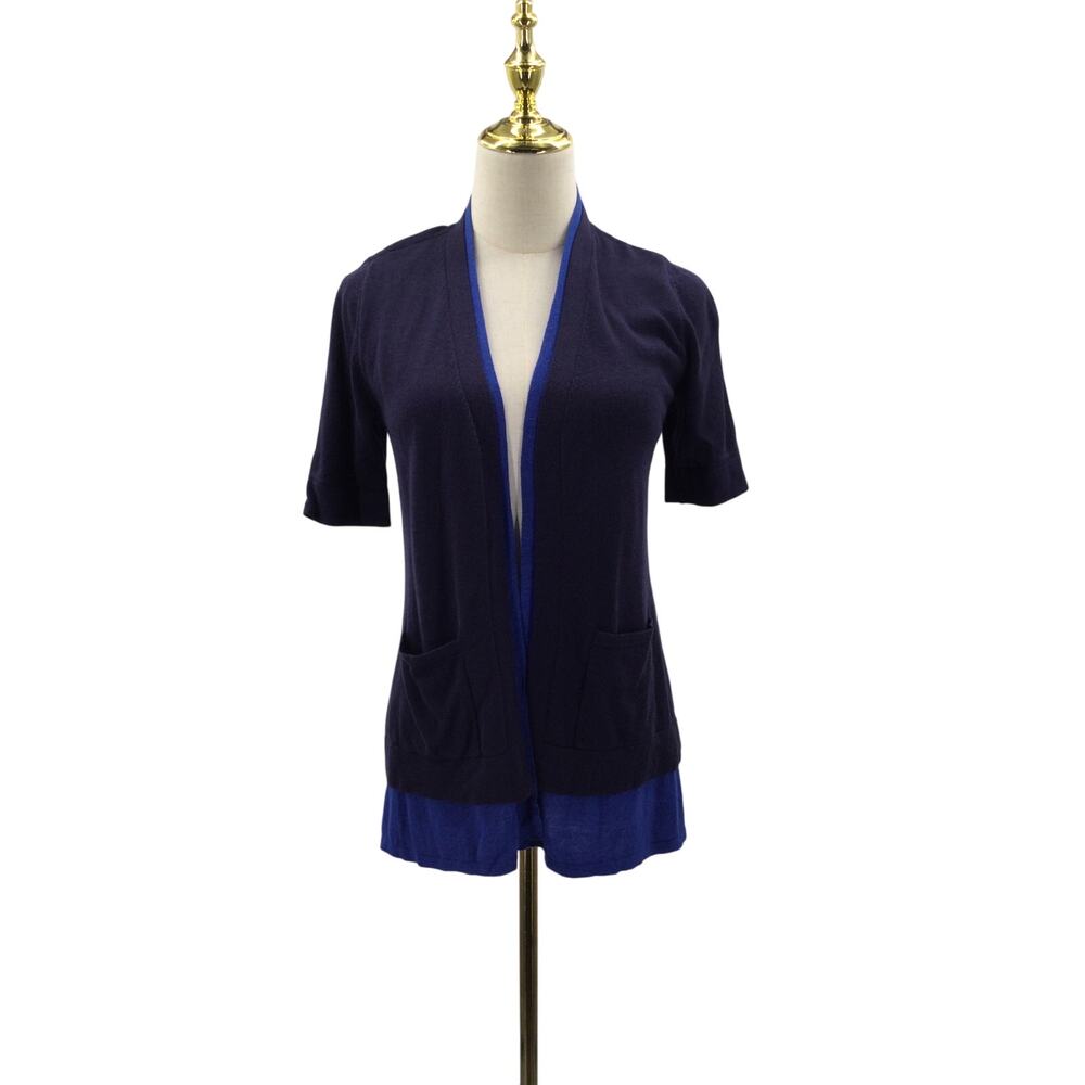 ISAACMIZRAHI LIVE XS blue colorblock knit open layered cardigan sweater NWT B65
